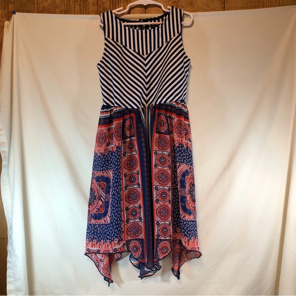 Extraordinary Girls sleeveless blue/white/orange patterned dress 10